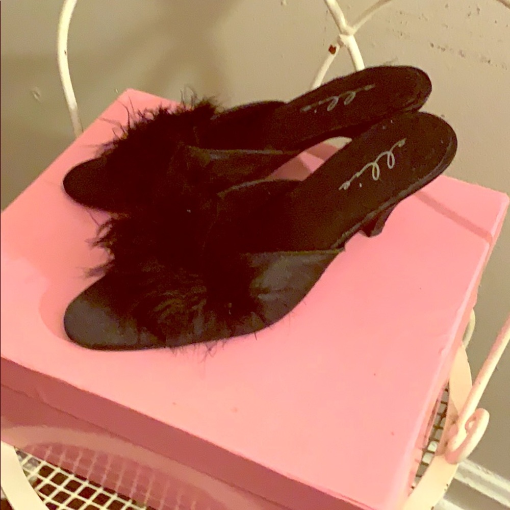 Black furry sexy Maribou mules
